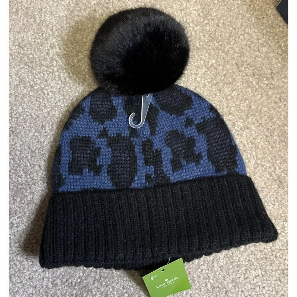 Kate Spade Poms Blue Black Beanie Hat Leopard Meow Retail $59